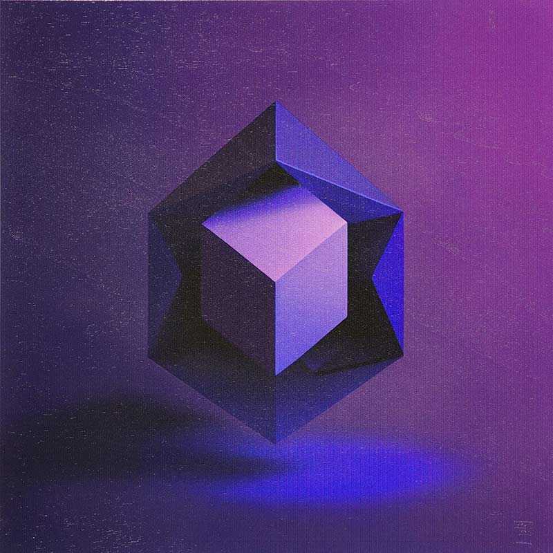 OZMAI |  Hexahedron blue purple to black minimal | Pigmenttinte auf Ulmen Holz | 60 x 60 cm | 2022